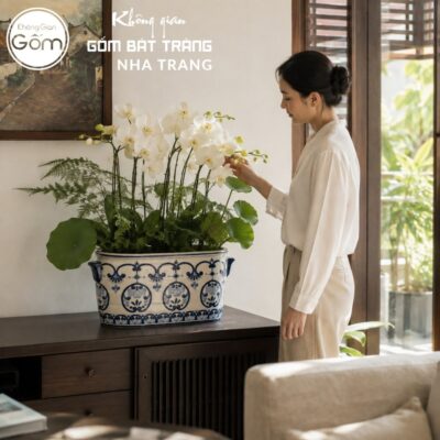 Áng Chữ Nhật Cắm Hoa Men Lam Họa Tiết Hoa Xanh Cổ Điển NT-LH17 - Chi tiết 3