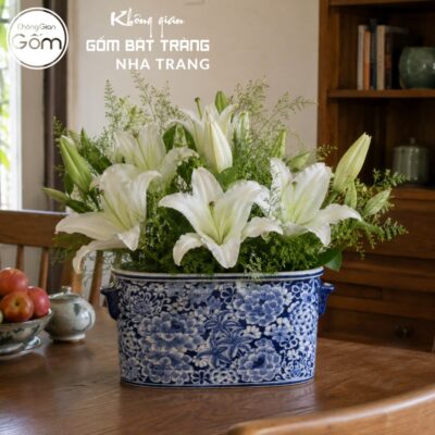 Áng Chữ Nhật Cắm Hoa Men Lam Vẽ Tay Hoa Mẫu Đơn Lam NT-LH15 - Chi tiết 1