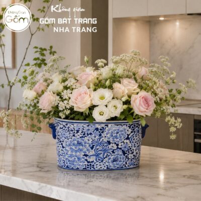 Áng Chữ Nhật Cắm Hoa Men Lam Vẽ Tay Hoa Mẫu Đơn Lam NT-LH15 - Chi tiết 2
