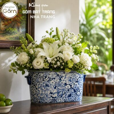 Áng Chữ Nhật Cắm Hoa Men Lam Vẽ Tay Hoa Mẫu Đơn Lam NT-LH15 - Chi tiết 3