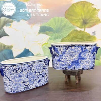 Áng Chữ Nhật Cắm Hoa Men Lam Vẽ Tay Hoa Mẫu Đơn Lam NT-LH15 - Chi tiết 5