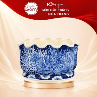 Áng Miệng Lượn Cắm Hoa Gốm Bát Tràng Vẽ Hoa Cúc Men Lam NT-LH19 - Ảnh đại diện