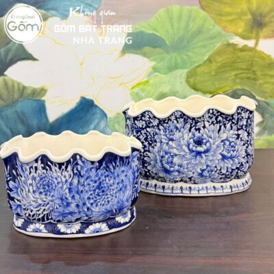 Áng Miệng Lượn Cắm Hoa Gốm Bát Tràng Vẽ Hoa Cúc Men Lam NT-LH19 - Chi tiết 4