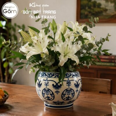 Bình Hoa Dáng Chum Tròn Cắm Hoa Men Lam Hoa Văn Cúc Dây Cổ Điển NT-LH08 - Chi tiết 2