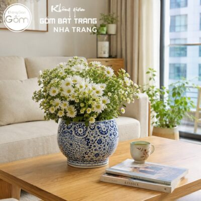 Chậu Tròn Cắm Hoa Men Lam Vẽ Cúc Đại Đóa Bát Tràng NT-LH07 - Chi tiết 1