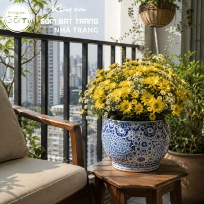 Chậu Tròn Cắm Hoa Men Lam Vẽ Cúc Đại Đóa Bát Tràng NT-LH07 - Chi tiết 3