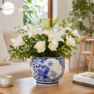 Chậu Tròn Cắm Hoa Men Lam Vẽ Họa Tiết Sen Điểu Gốm Sứ Bát Tràng NT-LH05 - Chi tiết 1