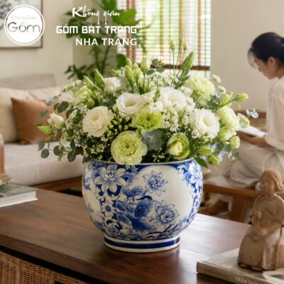 Chậu Tròn Cắm Hoa Men Lam Vẽ Họa Tiết Sen Điểu Gốm Sứ Bát Tràng NT-LH05 - Chi tiết 2