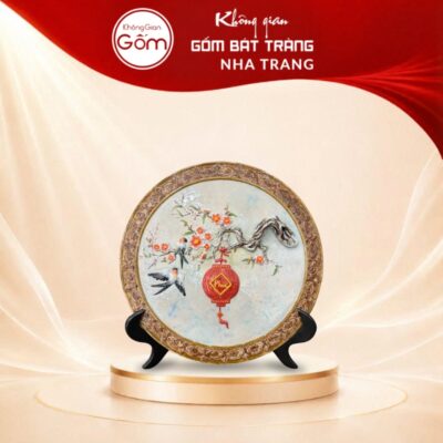 Đĩa cảnh gốm sứ Bát Tràng trang trí Đào Hoa Khai Phúc đắp nổi 40cm NT-DBT04