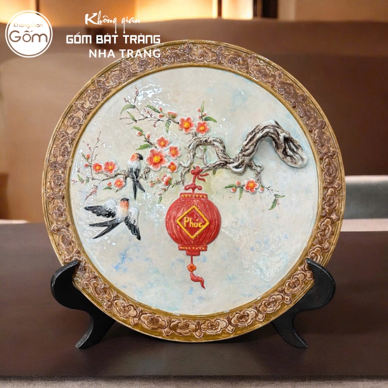 Đĩa cảnh gốm sứ Bát Tràng trang trí Đào Hoa Khai Phúc đắp nổi 40cm NT-DBT04 - Ảnh 2