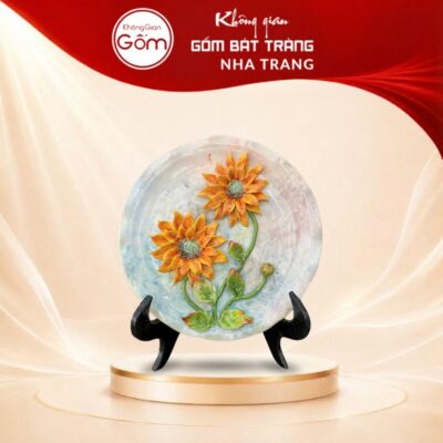 Đĩa sứ trưng bày vẽ màu hoa hướng dương đắp nổi 30cm NT-DBT02
