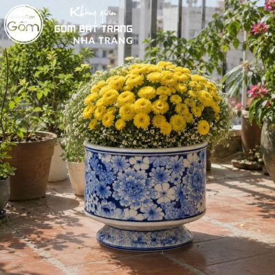 Lọ Hoa Gốm Bát Tràng Dáng Đài Vẽ Hoa Men Lam Cổ Điển NT-LH18 - Chi tiết 1
