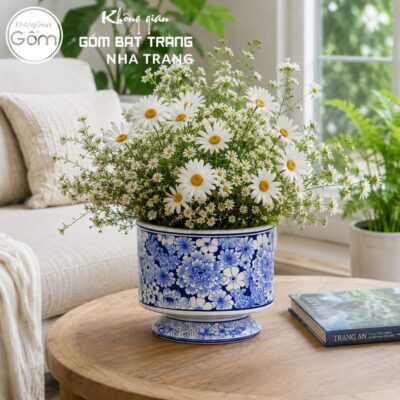 Lọ Hoa Gốm Bát Tràng Dáng Đài Vẽ Hoa Men Lam Cổ Điển NT-LH18 - Chi tiết 2
