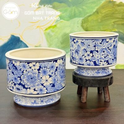 Lọ Hoa Gốm Bát Tràng Dáng Đài Vẽ Hoa Men Lam Cổ Điển NT-LH18 - Chi tiết 3