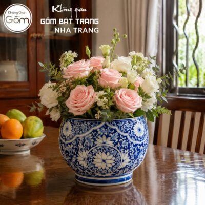 Lọ Hoa Gốm Bát Tràng Dáng Chum Vẽ Tay Hoa Cúc Men Lam NT-LH06 - Chi tiết 2