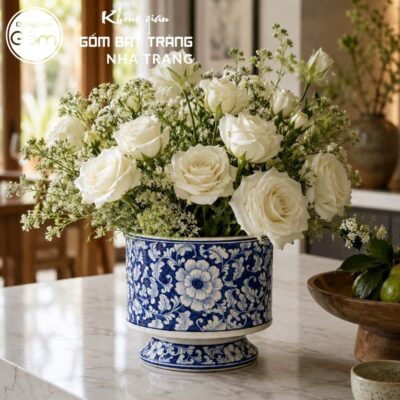Lọ Hoa Gốm Bát Tràng Vẽ Lam Hoa Dây Chân Đế Cao Cấp NT-LH11 - Chi tiết 1