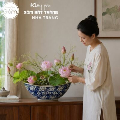 Thuyền Cắm Hoa Gốm Bát Tràng Họa Tiết Hoa Men Lam NT-LH13 - Chi tiết 1