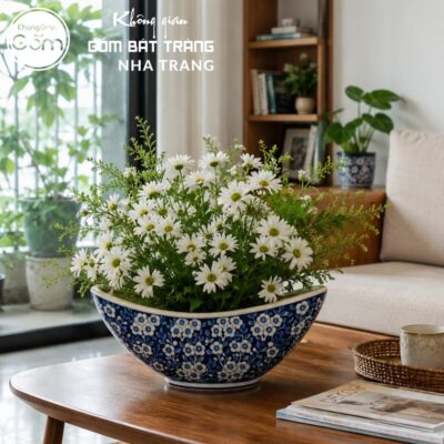 Thuyền Cắm Hoa Gốm Bát Tràng Họa Tiết Hoa Men Lam NT-LH13 - Chi tiết 3
