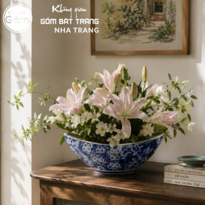 Thuyền Cắm Hoa Gốm Bát Tràng Họa Tiết Hoa Men Lam NT-LH13 - Chi tiết 4