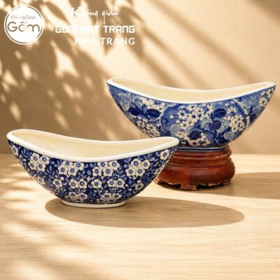 Thuyền Cắm Hoa Gốm Bát Tràng Họa Tiết Hoa Men Lam NT-LH13 - Chi tiết 5