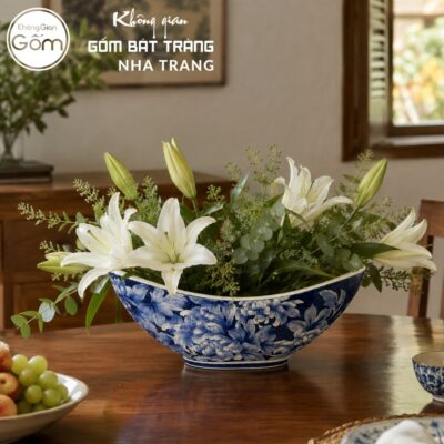 Thuyền Cắm Hoa Men Lam Bát Tràng Vẽ Hoa Mẫu Đơn NT-LH14 - Chi tiết 1