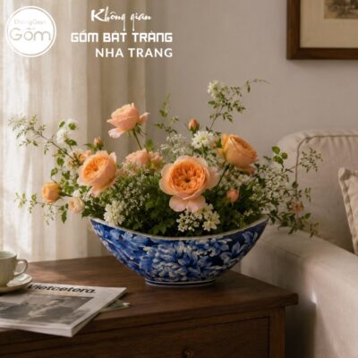 Thuyền Cắm Hoa Men Lam Bát Tràng Vẽ Hoa Mẫu Đơn NT-LH14 - Chi tiết 2