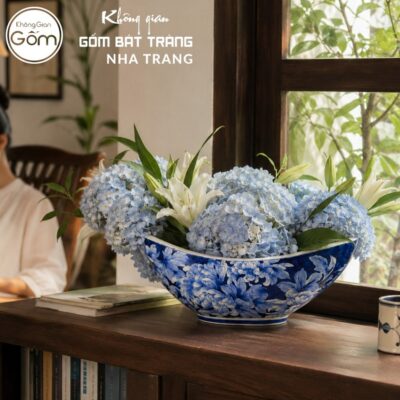 Thuyền Cắm Hoa Men Lam Bát Tràng Vẽ Hoa Mẫu Đơn NT-LH14 - Chi tiết 3