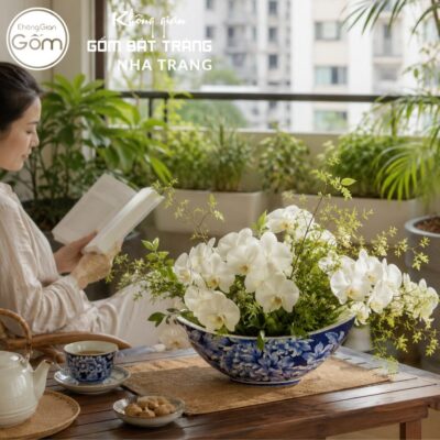 Thuyền Cắm Hoa Men Lam Bát Tràng Vẽ Hoa Mẫu Đơn NT-LH14 - Chi tiết 5