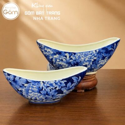 Thuyền Cắm Hoa Men Lam Bát Tràng Vẽ Hoa Mẫu Đơn NT-LH14 - Chi tiết 6