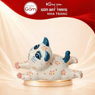 Tượng mèo nằm duỗi chân gốm sứ Bát Tràng men tiêu vẽ hoa kích thước H10 x R9.5 x D17cm NT-TGS02 - Ảnh đại diện
